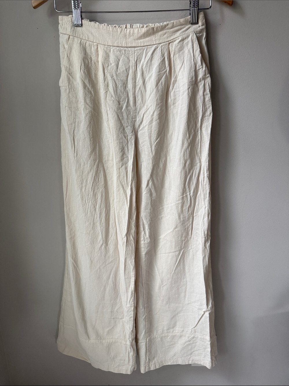 Cream Wide Leg Pull On Pants Textured Cotton Blend High Rise Casual Lounge